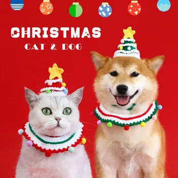 Mačka Vianočné Bib Psa Pletené Vlnené Vianočné Hat Nastaviť Mačiatko Podbradníky Šteňa Šatku Vtipné Vianočné Šaty-up Oblečenie domáce zvieratá