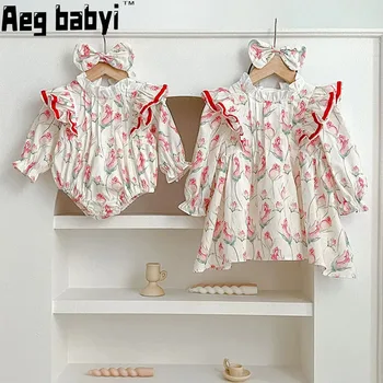 Kórejský Baby Dievčatá Šaty Dieťa Oblečenie Baby Remienky Kvetinová Čipka Dlhé Rukávy Kombinézu Dievčatá Princezná Šaty Sestra Oblečenie