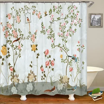 Čínsky Kvety a Vtáky 3D Sprchový Záves Kúpeľňa Záclony Nepremokavé Polyeste Textílie Vaňa Obrazovke Vaňou Dekor S 12 Háčiky