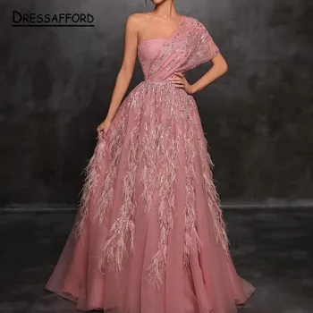 Pink Elegantné Jedného Pleca Korálkové Večerné Šaty Šaty S Perím Pre Ženy, Svadobné Party
