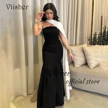 Viisher Black Morská víla Večerné Šaty pre Ženy Mono Satin bez Ramienok Arabskom Dubaji Formálne Prom Šaty s Cape Večerné Šaty