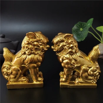2 Ks Zlatý Čínsky Lions Sochy, Plastiky, Figúrky Zvierat Feng Shui Ozdoby Plavidlá, Záhradné Sochy, Dekorácie Pre Domov