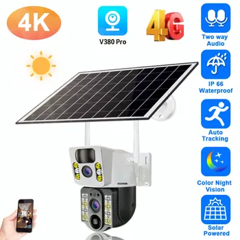 4K Duálny Objektív 4G Sim, Fotoaparát Solárny Panel Vonkajšie Nízke Powered Cam Farebné Nočné Videnie PIR Alarm, obojsmerné Audio Solárne CCTV IP Kamery