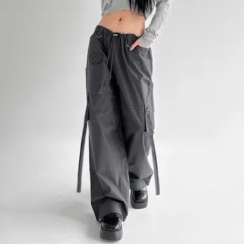 Weekeep Bežné Sivá Žien Cargo Nohavice Streetwear Neforemné Vysoký Pás Rovné Nohavice Y2k Harajuku Nohavice kórejský Módne Oblečenie