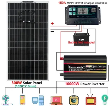 110V/220V Solárny Systém 300W Solárny Panel s 150A Regulátor Nabíjania 10000W 12000W Invertor Núdzové Energie Súpravy