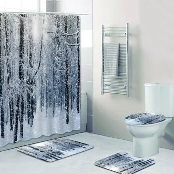 Štýlový zimnou Scenériou Lesa 3D Sprchový Záves Kúpeľňa Záclony Nastaviť s Vaňou Mat Koberec Trblietajúci sa Sneh Vianočný Darček Decor