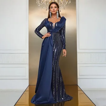 Modrá sequined Matka Nevesty Šaty Dlhé Rukávy Satin Večer Saudská Arábia Strany Luxusné Šaty Prom Formálne Príležitosti Šaty