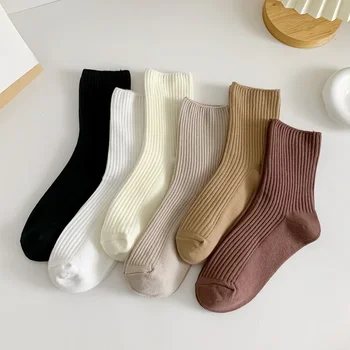 3Pairs Ženy jednofarebné Bavlnené Ponožky Retro Posádky Trubice Ponožky kórejský Voľné Dlho Roztomilý Módne Hajuruku Čierna Biela Kvalitné Zimné