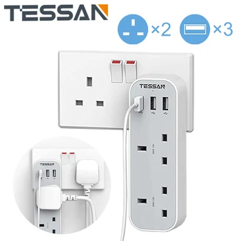 TESSAN 2/3 Cesta Zástrčky Rozšírenie Multi Zásuvky s 3 Porty USB(5V/2.4 A)Steny Nabíjací Adaptér, 13A UK elektrická Zásuvka pre Domácnosti, Kancelárie