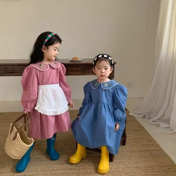 Dievča Bežné Šaty Kórea Detské Oblečenie Kvet Okraji Bábika Golier Šaty Jar Jeseň Biskup Rukáv, Dlhé Sukne