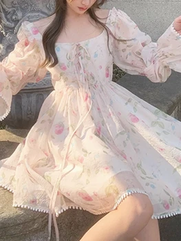 Francúzska Elegancia Kvetinový Mini Šaty Žien Dizajn Šifón Čipky Bell Rukávy Plážové Šaty Módne Y2k Kórejskej Strany Šaty Letné 2023