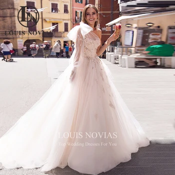 LOUIS NOVIAS A-Line Svadobné Šaty Pre Ženy 2024 Osobnosti Jeden-Ramenný s Dlhým Rukávom Nádherné Zlatko Perly Svadobné Šaty