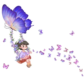 Cartoon Dievčatko Swing Motýľ Stenu, Nálepky Izba Obývacia Izba Nálepky Kúpeľňa Dekorácie, samolepiace Vymeniteľné Nepremokavé