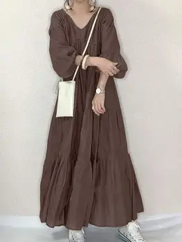 ZANZEA Vintage Prehrabať Šaty dámske Jarné Sundress Bežné Lístkového Rukáv Maxi Vestidos Žena V Krku Župan Elegantné Dlhé Šaty
