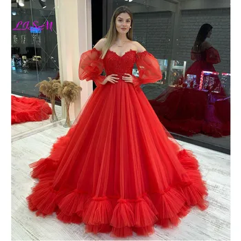 Elegantné Červené Prom Šaty, Dlhé Nafúknuté Rukávy Tylu Party Šaty Sexy Milú Backless Večerné Šaty Súťaž Krásy Šaty