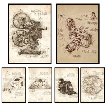 Vintage Abstraktné Da Vinci Inšpiroval Skice, Plagát, Papier, Tlač Domov Spálne Vstup Bar, Reštaurácia, Kaviareň Art Maľovanie, Dekorácie