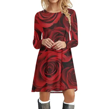 Móda Valentína Šaty Pre Ženy 3D Rose Vytlačené Mini Šaty Streetwear Strany Bežné Okrúhlym Výstrihom, Dlhý Rukáv Voľné Šaty
