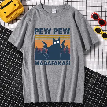 Pew Pew Madafakas Čierna Mačka Tlače Oblečenie Mužov 100% Bavlny, Kvalitné Tričká, Letné T-Shirts Harajuku Tee Šaty Voľné Topy