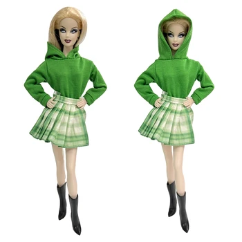 NK 1 Set Roztomilé Bábiky Študent Štýl Nastaviť: Zelená Top+Kockovaná Krátke Sukne Pre Bábiku Barbie Dom príslušenstvo pre zmenu bábika