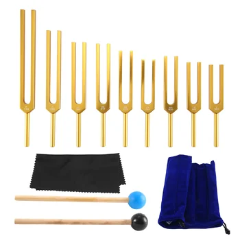 Tuning Fork Set - 9 Ladenie Vidličky pre Liečenie Čakier,Zvukovej Terapie,Držať Telo,Myseľ a Ducha v Dokonalej Harmónii - Gold