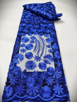 2024 Klasická Kráľovská Modrá francúzska Nigérijský Čipky Textílie Korálky, Kamene Afriky Tylu Čipky Textílie Pre Svadobné Party Šaty Šiť PHX09