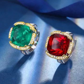 Luxusné Veľké Námestie Emerald Ruby Micro Pave Kubický Zirkón Crystal Kameň Nastaviteľný Krúžok Pre Ženy