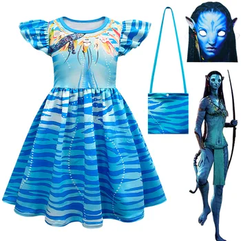 Avatar 3ks Oblečenie Set sa Dievčatá v Lete Modrá Flutter Boutique Šaty S Avatar Masku A Taška 4-9Y Wholesales