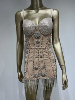 Letné Ženy, Luxusné Prom Šaty Krátke Sexy Popruh s Diamond Reťazca Mini Šaty Club Party Šaty Fáze Výkonu Kostým