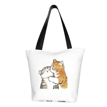 Vlastné Vtipné Mačky, Bozk Nakupovanie Plátno Tašky Ženy Recyklácie Potraviny Cartoon Mačiatko Zvierat, Kreslenie Shopper Tote Tašky