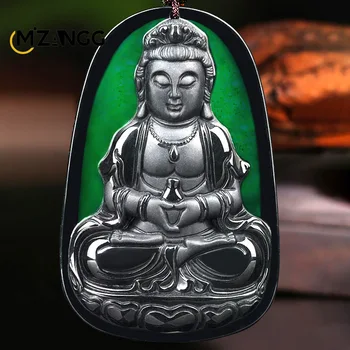 Prírodné MoCui Avalokitesvara Prívesok Ice Ručne vyrezávané Jade Bódhisattva Buddha Šperkov Náhrdelník Lucky Charms pre Mužov a Ženy