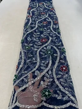 5 Metrov Tylu Čistý Afriky Čipky Textílie Korálkové Čipky 2023 Vysoko Kvalitné Modrá Nigéria Sequin Tkaniny na Svadbu Večerné Šaty Šitie