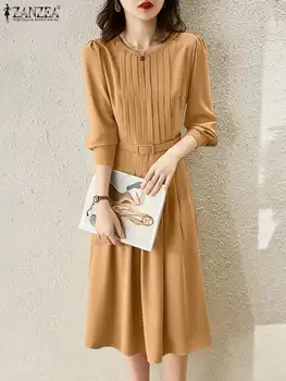 Vintage Dlhý Rukáv Crewneck Vestidos ZANZEA Ženy Elegantné Dlhé Šaty Bežné Skladaný Midi Šaty na Jeseň Roku 2023 jednofarebné Šaty