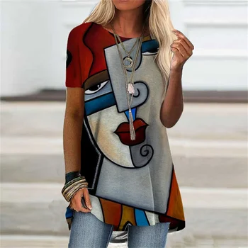 Abstrakt Tvár Grafické 3D Tlač T-shirt Lete Streetwear Retro Ženy Krátky Rukáv T Košele Y2K Topy Žena Tee Nadrozmerné Oblečenie