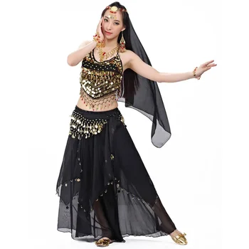 Indiánske Kostýmy Set 4 kusov, Brušný Tanec Závoj Top Mince Hip Šatku Sukne, Brušný Tanec Kostým Ženy