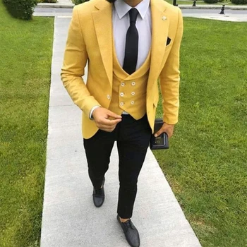 Vysoká Kvalita Jedno Tlačidlo Žltá Svadby Ženích Tuxedos Zárez Klope Groomsmen Mužov Formálny Ples Obleky (Bunda+Nohavice+Vesta)