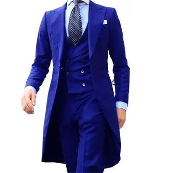 Kráľovská Modrá Dlhý Chvost Kabát 3 Ks Gentleman Muž Vyhovuje Mužskej Módy Ženícha Smoking pre Svadbu, Ples Bunda, Nohavice, Vesta s