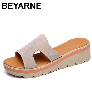 BEYARNEwomens letné šľapky Ploché platformu sandále pláže topánky kolo špičkou topánky pravá koža semiš papuče flip flopsE025
