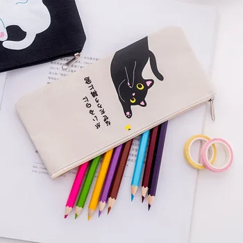Roztomilý Plátno Zips Ceruzka Taška Kreslených Mačka Prípade Detí Perá, Tašky Ženy Kozmetická Taška Deti Darček Písacie Potreby