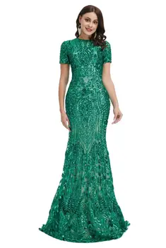 Smaragdovo Zelená Morská víla Prom Formálne Šaty s Rukávom 2023 Jewel Krku Iskrivý Gillter Fishtail Dráhy Večerné Šaty Nosiť