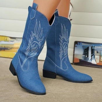 Blue Denim Kovbojské Topánky Ženy 2023 Jeseň Výšivky Nízke Podpätky Cowgirl Topánky Žena Plus Veľkosť 43 Pošmyknúť Na Polovice Teľa Rytier Botas