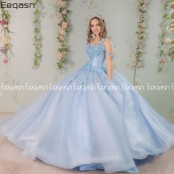 Modrá Quinceanera Šaty 2024 V Krku Čipky 3D Kvety Princess Party Sweet 16 Sprievod Šaty plesové Šaty, Vestidos De 15 Años