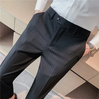 Britský Pantalon Homme Business Formálne Oblečenie Prúžkovaný Oblek Nohavice Pre Mužov Oblečenie 2023 Slim Fit Bežné Rovno Office Nohavice 38