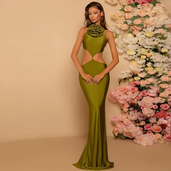 Sexy Večerné Šaty morskej panny 3D Kvet s uväzovaním za Odpojenie Zelená Večerné Šaty Žien 2023 Satin Trúby bez Rukávov Backless Party Šaty