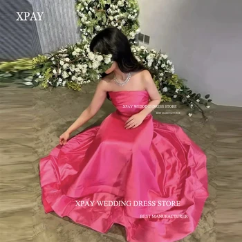 XPAY Jednoduchý Riadok Hot Pink Satin Večerné Šaty bez Ramienok Dĺžka Podlahy Prom Šaty Saudskej arabčina Dlho Formálnej Strany Šaty