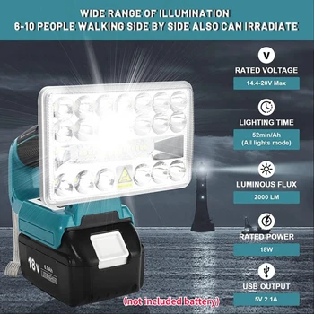 18V LED Pracovná Lampa Baterka Vonkajší Reflektor Svetlo pre Makita BL1430 BL1830 Lítiové Batérie, USB, Vonkajšie Osvetlenie