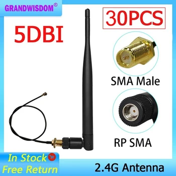 GRANDWISDOM 30pcs 2.4 G 5dbi anténa sma female wlan wifi 2.4 ghz antene IPX ipex 1 SMA male pigtail Predlžovací Kábel modulu anténa