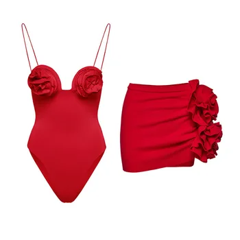 2023 Sexy 3D Kvet jednodielne Plavky, Sukne Ženy Vintage Push Up Plavky Pevná Červená plážové oblečenie Letné Kúpanie Oblek Šaty