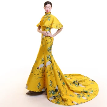 Čínsky Compere Tradičné Šaty Žltej Cheongsams Krátky Rukáv Qipao zobraziť oblečenie Mujere Vestido Večer emcee Šaty
