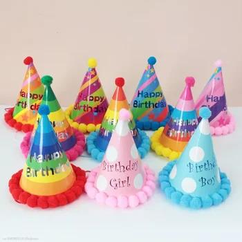 1pcs Happy Birthday Klobúky Polka Dot Cítil Pompoms Papier Kužeľ Čiapky Baby Sprcha Dospelých Detí, Narodeniny, Party Dekorácie Supplie