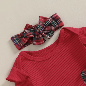 3ks Baby Girl Vianočné Oblečenie Dieťa Long-Sleeve Romper Top Podväzkové Kockované Sukni Sada s hlavovým oblúkom